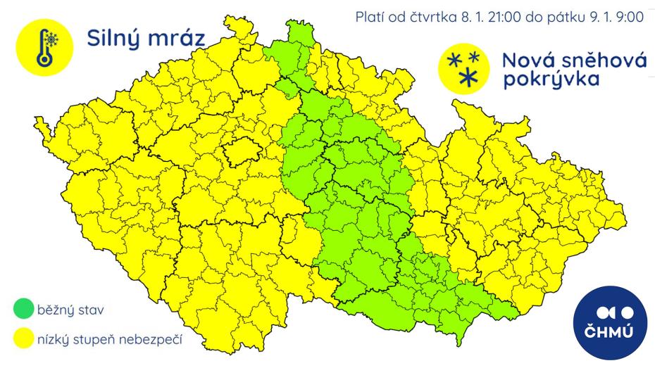 Výstražné informace Českého hydrometeorologického ústavu před nadcházejícím sněžením a mrazy